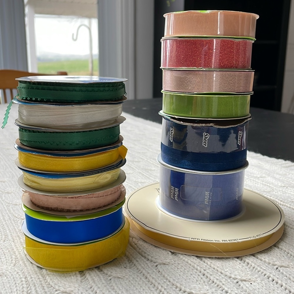 15 spools of ribbon (7 NWOT/8 partially used, 140+ yards) rainbow Easter crafts